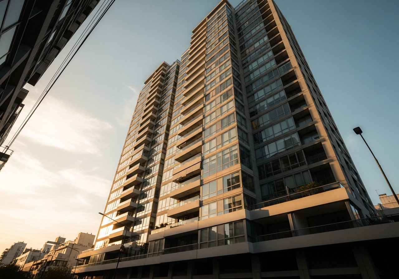 High-rise residential tower in Buenos Aires at golden hour